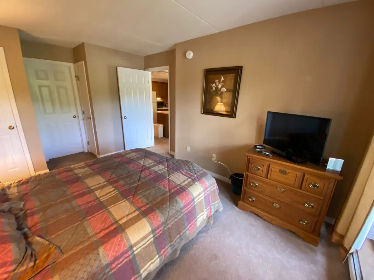 The image showcases a cozy bedroom with a bed featuring plaid bedding, a wooden dresser topped with a TV, and framed flower artwork on the wall. Soft sunlight gently filters through the curtains, creating an inviting and tranquil atmosphere that highlights the room's restful appeal.