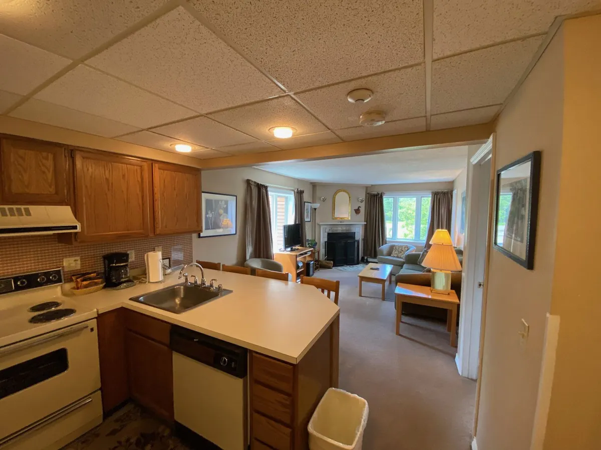 This image focuses on the kitchen countertop, with the living area and large window in view. The natural light pouring in emphasizes a feeling of welcome after a day outdoors, while the open layout hints at easy movement between spaces, consistent with grabbing gear or returning from the slopes.